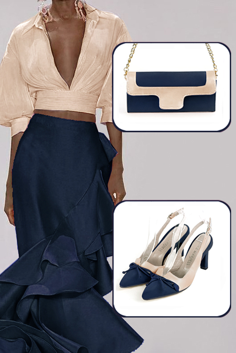 Women's navy blue and gold elegant slingback heels, with a bow on the front. Tapered toe. High slim heel - Top view